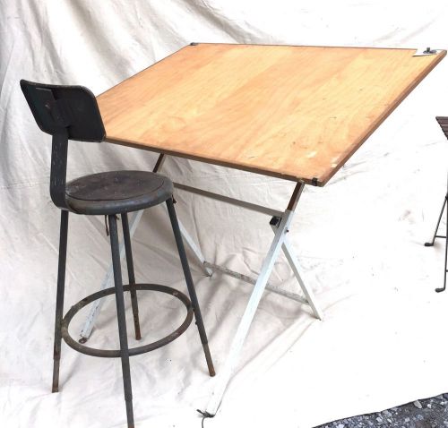 Vintage Folding Drafting Drawing Art Table + Metal Stool 49&#034; X 37&#034; Large