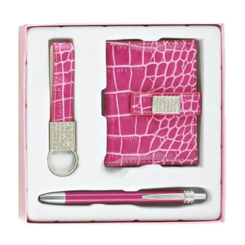 Pink Faux Snakeskin and Crystals Pen Key Ring and Notebook Executive Gift Set
