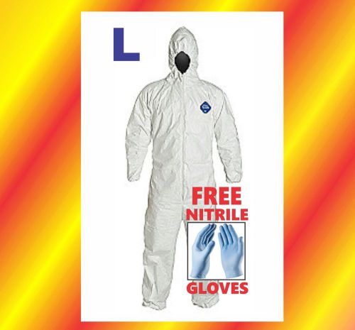 Large hood tyvek protective coverall suit cleanup hazmat free nitrile glove l lg for sale