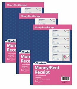 Adams Money and Rent Receipt Book  3 Part  Carbonless  White Canary Pink 7 5 8