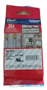 Brother TZe-S121 Extra-Strength Adhesive Laminated Tape 3/8&#034; 9mm  Black on Clear