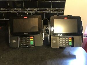2 Ingenico ISC 480 Touch Screen POS Credit card Terminal + Stylus &amp; Pedestals!