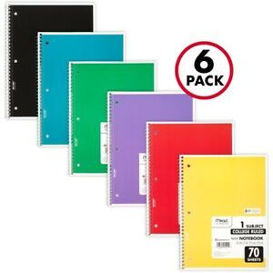 6 Mead Spiral Notebooks, 70 pages (Great For School or Offices)