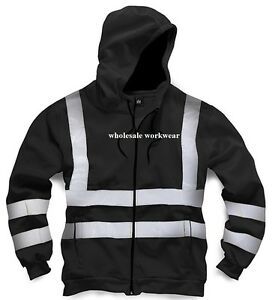 New Mens Hi High Viz Vest Hoodie Zip Hooded Top Jacket Work Security BLACK S-3XL