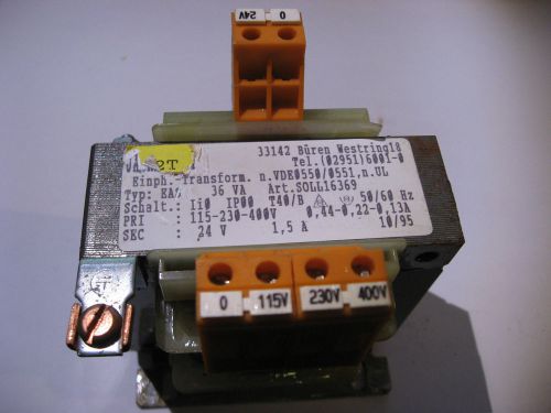 Jacke SOLL16369 Transformer 115, 230, 400V PRI 24V 1.5A SEC 50/60 Hz USED