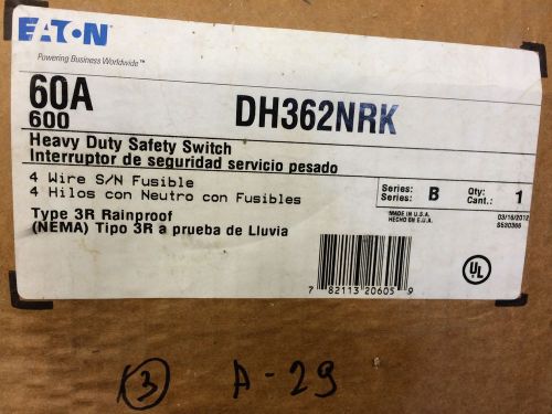 New cutler hammer disconnect switch dh362nrk 60a 600v nema 3r 3p fusible for sale