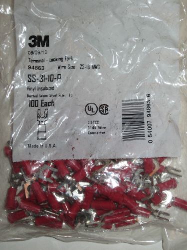 New 3m 94863 vinyl insulated locking fork terminal 22-18 awg 100 pack red #10 for sale