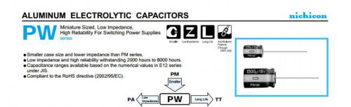 100pcs Nichicon PW 16V 220UF long life electrolytic capacitor 8X12mm 105°C