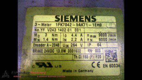 Siemens 1fk7042-5ak71-1eh0 servo motor 3.0 nm for sale