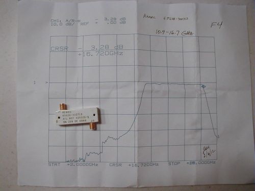 F-5 Remec 10.9-16.7 GHz SMA Coax Band Pass Filter, Tested w/plot