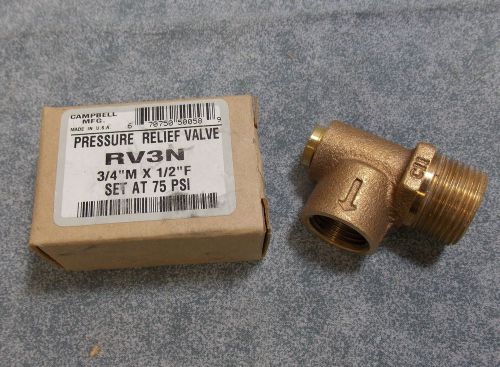 Campbell mfg rv3n  3/4&#034; male npt 1/2&#034; female npt pressure relief valve 75psi nos for sale