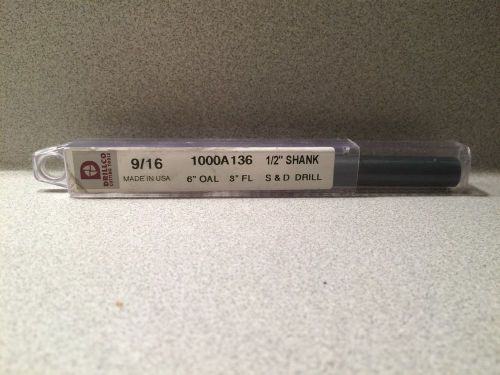 Drillco 9/16 1000A136 1/2&#039;&#039; Shank 6&#034; OAL 3&#039;&#039; FL S &amp; D Drill New in package
