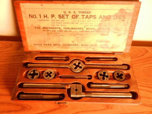 VINTAGE U.S.S.THREAD NO.1 H.P. SET OF TAPS &amp; DIES IN WOODEN BOX MACHINISTS TOOL