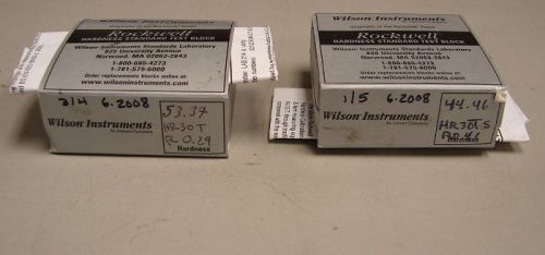 (2) rockwell wilson instron hardness test blocks w/cal certs 53.37 &amp; 44.46 nice! for sale