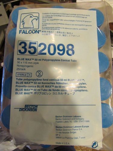 NEW BECTON DICKINSON FALCON 352098 BLUE MAX 50ML POLYPROPYLENE CONICAL TUBE 25PK