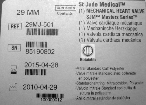 St Jude Medical 29MJ-501 29mm Mechanical Heart Valve SJM Masters Series
