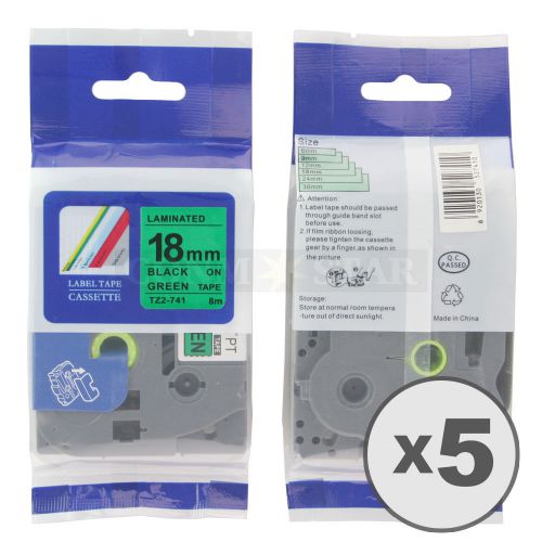 5pk black on green tape label for brother p-touch tz tze 741 18mm 3/4&#034; 26.2ft for sale