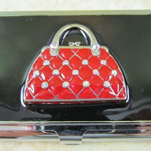 New Black Enamel Red Purse Rhinestones Business Card Holder Silver-tone