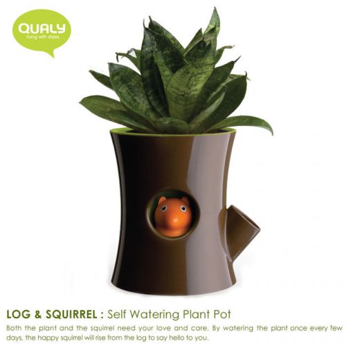QUALY Living Styles Home Garden Log &amp; Squirrel Self Watering Plant Pot Brown