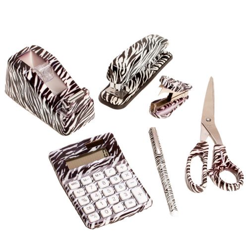 6 Set Zebra Animal Office Stapler Remover Scissors Tape Dispenser Calculator Pen