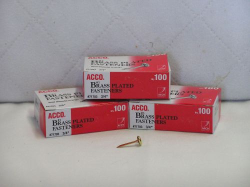 3 Boxes Acco 71703 Brass Plated Fasteners 3/4&#034; NEW 100 Per Box
