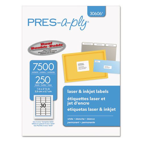 Pres-a-ply laser address labels, 1 x 2-5/8, white, 7500/box for sale