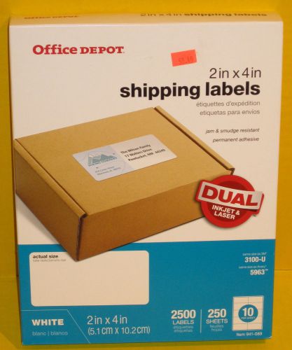 2500 - Same as Avery 5963 Office Depot 2&#034; x 4&#034; Shipping Labels Inkjet/Laser NEW