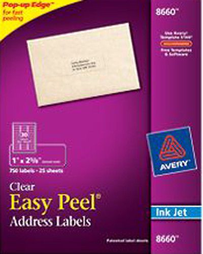 Avery 8660 Clear Inkjet  Address Labels 1&#034; X 2 5/8&#034;