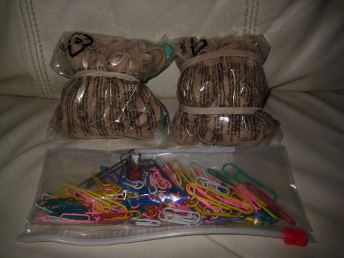 TWO BUNDLES OF LARGE HEAVY RUBBER BANDS &amp; BAG OF COLORED PAPER CLIPS