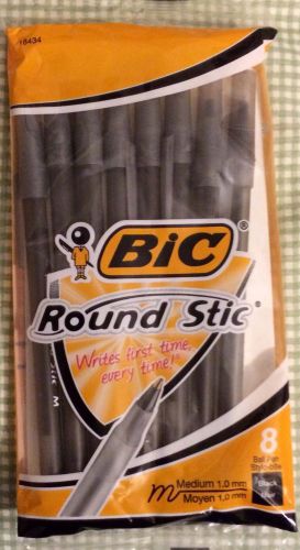 BIC ROUND STIC Medium Ball Point Pens ~ 8-PACK OF BLACK PENS ~ Brand New