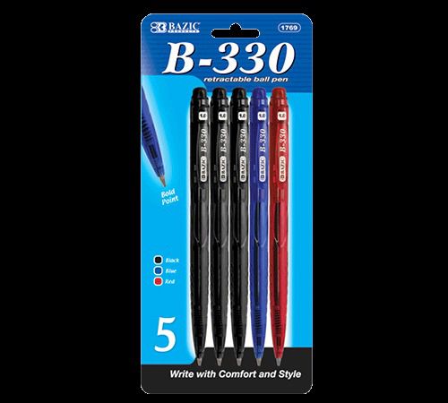 BAZIC B-330 Assorted Color Retractable Pen (5/Pack), Case of 24