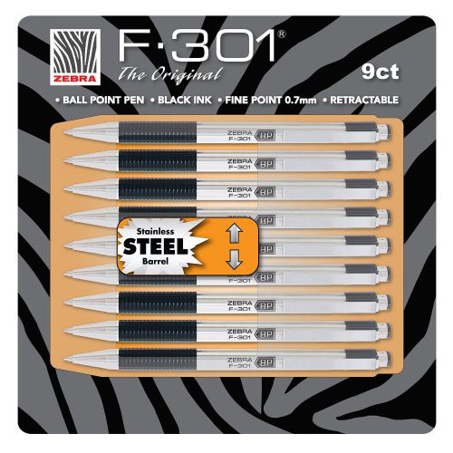New 9 pk Zebra F-301® Stainless Steel Ball Point Pen 0.7mm fine retractable