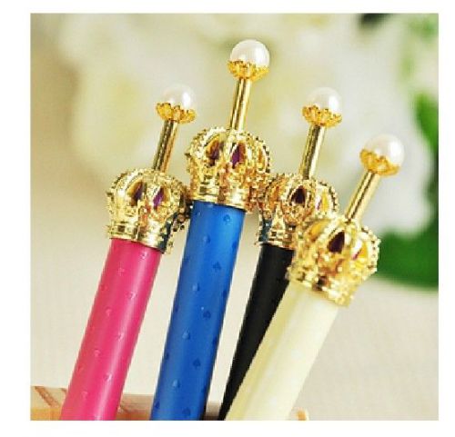 Lot 4pc Cute Korean Gold Crown Pearl Ball Point Pens Black Ink Elegant Polka Dot