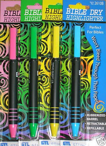 4 PACK DRY Bible Book Highlighter Yellow Green Blue Pink No Bleed Refillable-A
