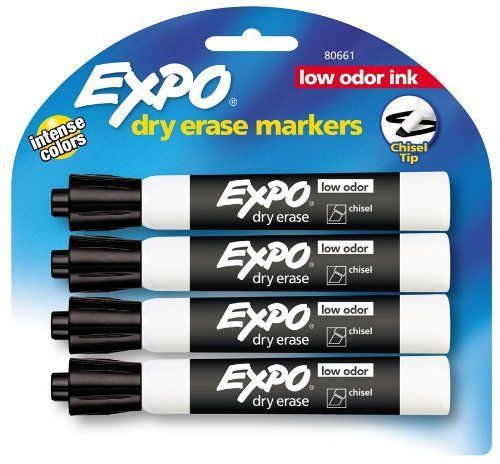 NEW Expo Low Odor Chisel Tip Dry Erase Markers, 4 Black Markers (80661)