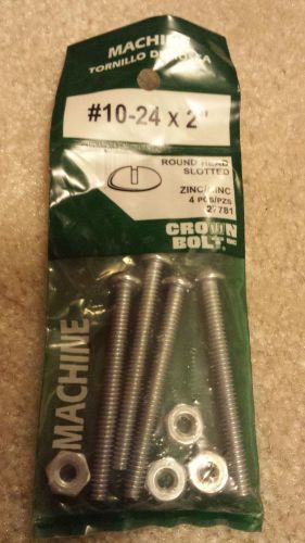 Crown bolt #10-24 x 2&#034; zinc round head slotted machine screws w/ bolts - 4 pack for sale