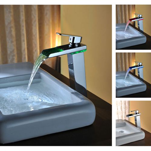 Modern LED Waterfall Vessel Sink Bathroom Faucet Tap Chrome Brass Free Shipping