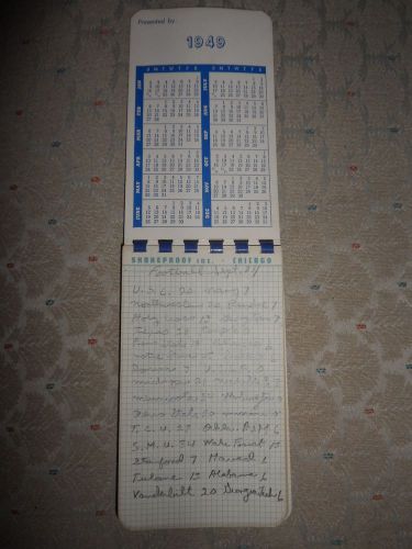 Vintage 1949 Year of College Football Scores written in Shakeproof Inc Memo Book