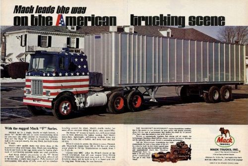 1970 Mack COE &#034;F&#034; Series ad, Stars &amp; Stripes paint theme, nice dbl-pg color