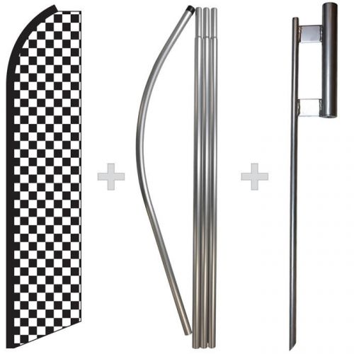 Checkered Black White 15&#039; Tall Swooper Flag &amp; Pole Kit Feather Super Bow Banner