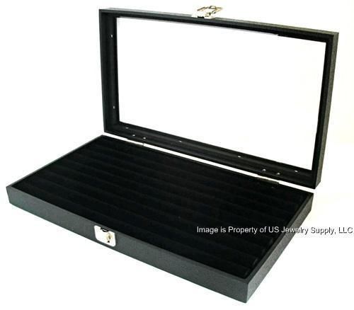 12 Wholesale Glass Top Lid Black 8 Row Ring Display Portable Storage Boxes Cases