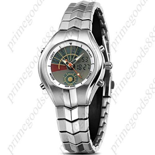 2 Time Zone Round LCD Digital Analog Stainless Steel Free Shipping Wristwatch