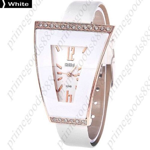 Wide Triangle Rhinestones PU Leather Lady Ladies Quartz Wristwatch Women&#039;s White
