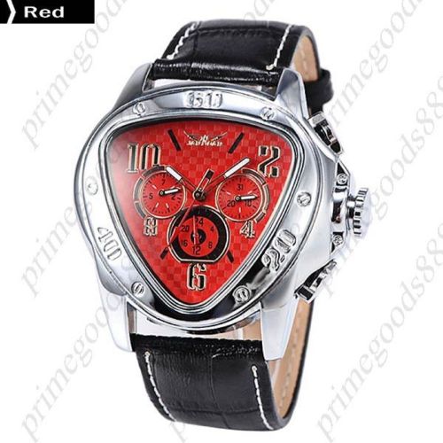 Triangle 6 Hands PU Leather Strap Mechanical Wrist Men&#039;s Wristwatch Silver Red