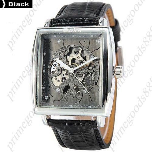 Square PU Leather Strap See Through Auto Mechanical Wrist Men&#039;s Wristwatch Black