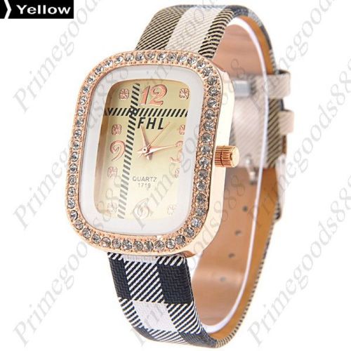 Checkered rhinestones pu leather lady ladies quartz wristwatch women&#039;s yellow for sale