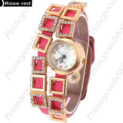 Round Rhinestones PU Leather Lady Ladies Quartz Wristwatch Women&#039;s Rose Red