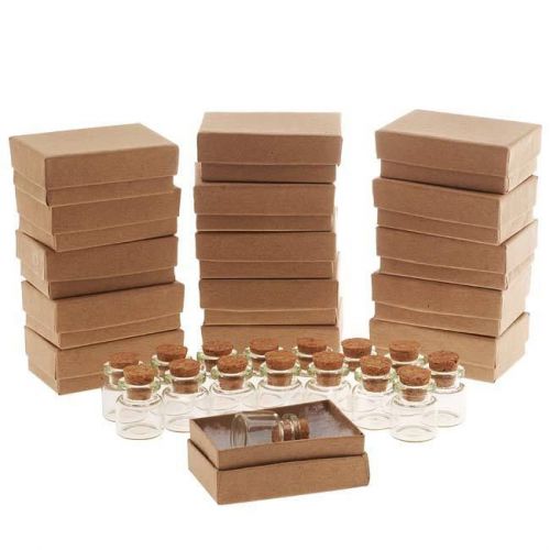 Green Glass Bottle With Cork 25x22mm And Kraft Brown Jewelry Boxes (16 Each)