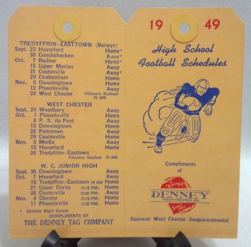 VINTAGE 1949 DENNEY TAG CO.  HIGH SCHOOL SCHEDULE - FREE SHIPPING