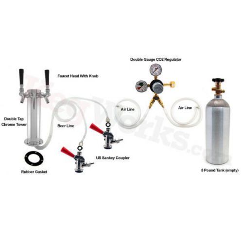 Double tap stainless steel tower kegerator conversion kit w/ 5 lb co2 tank - bar for sale